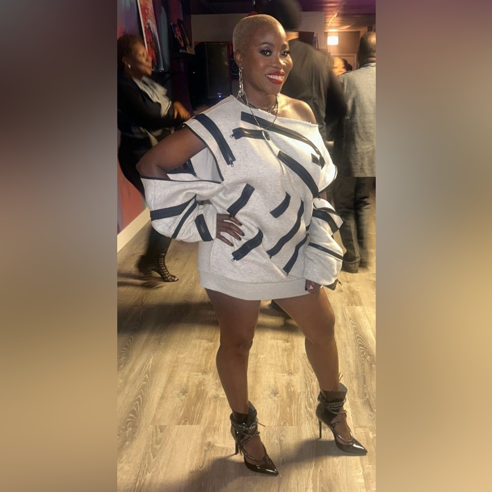 Sweater dress made edgy. AKIRA Label Zip Zap Off The Shoulder Sweatshirt Dress.